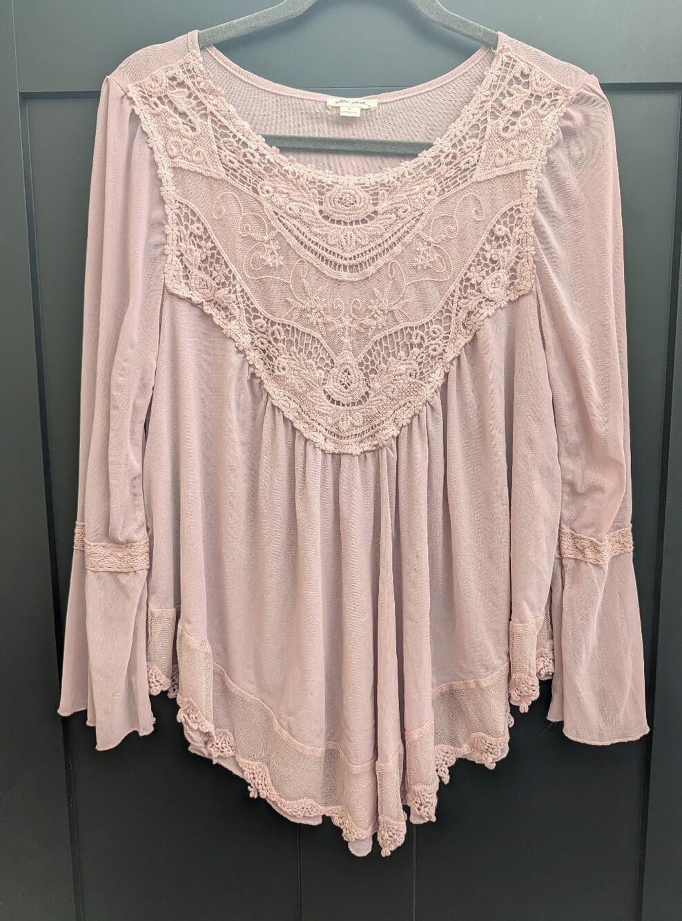 Ultra Pink Layered Flowy Boho Bell Sleeve Blush Blouse Crochet Women's Medium